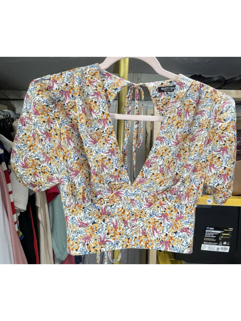 Nasty Gal Floral V-Neck Open Back Tie Puff Sleeve Blouse Sz 4 Boho Festival